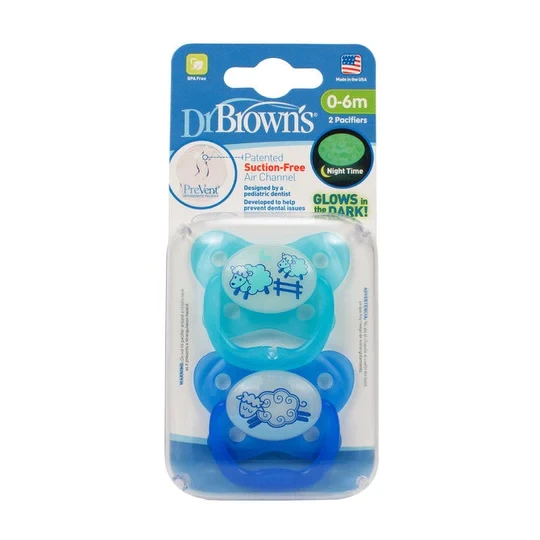 Dr Brown's Prevent Glow-In-The-Dark Butterfly Pacifier Stage 1 Blue 2 Pack 0-6m